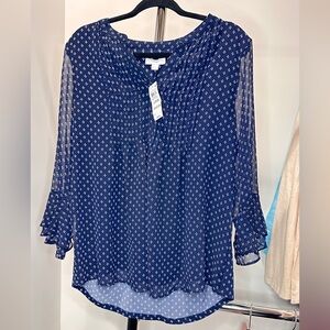 Charter Club New Blue & White Print Blouse Sheer Front Overlay Ruffle Sleeve, L